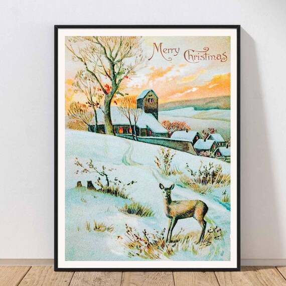 Vintage Merry Christmas Deer Snowy Church Winter Scene Art Poster
