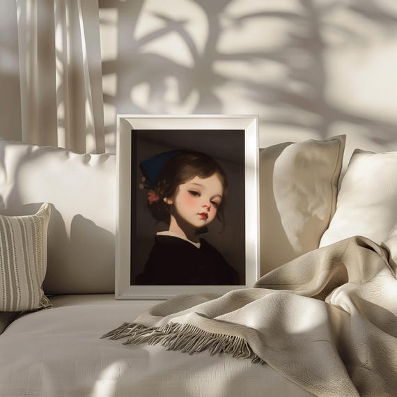 Renaissance Girl Portrait Wall Art Vintage Child With Red Lips Print Soft Old Master Style Painting Margots Poise