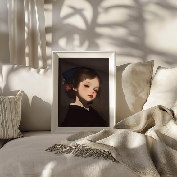 Vintage Renaissance Girl Portrait Red Lips Soft Realism Print