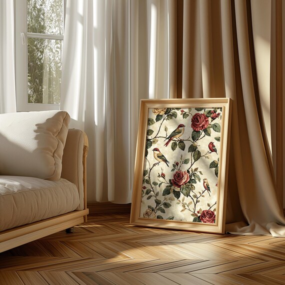 Vintage Bird And Rose Wall Art Elegant Floral Branch Illustration Classic Botanical Decor In Red Gold Tones Rosewood Songbirds