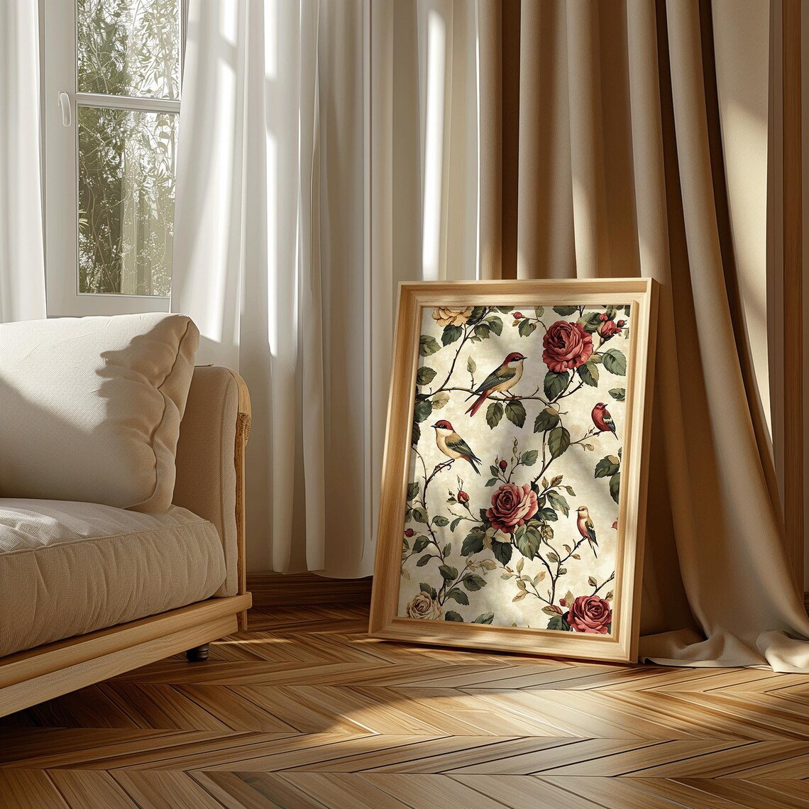 Vintage Bird Rose Branch Elegant Botanical Floral Illustration Print