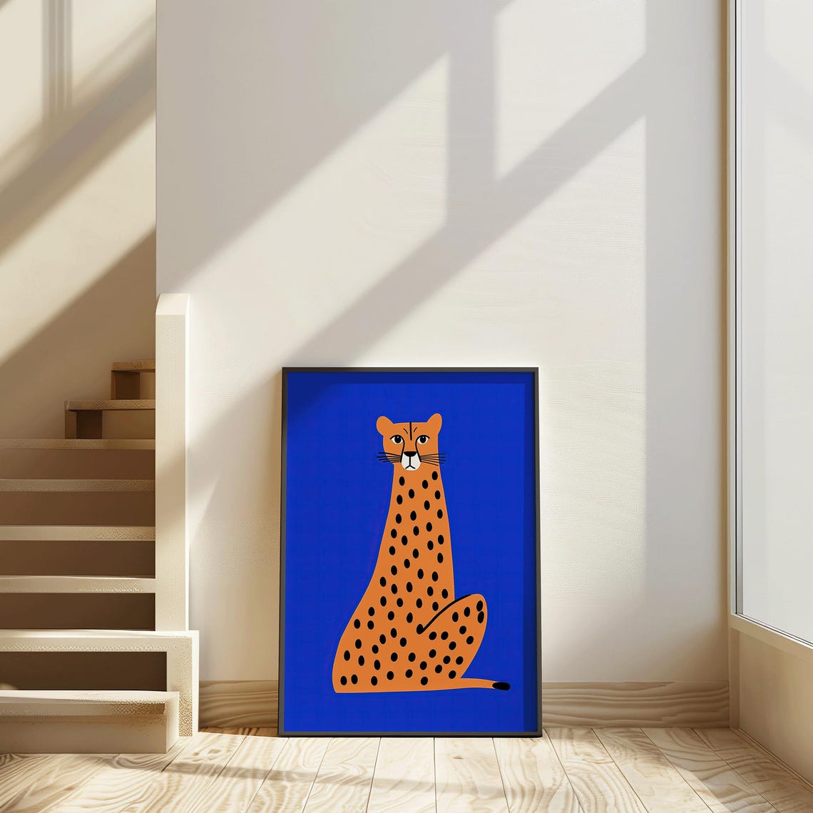 Bold Blue Cheetah Sitting Graphic Modern Safari Illustration Poster