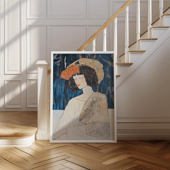 Vintage Girl Portrait With Flower Crown Print Vintageinspired Fine Wall Art Feminine Illustration In Blue And Gold Autumns Embrace