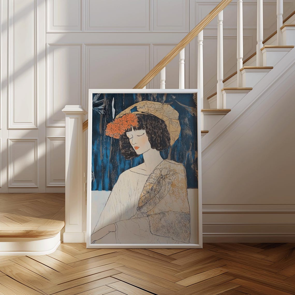 Vintage Girl Portrait With Flower Crown Print Vintageinspired Fine Wall Art Feminine Illustration In Blue And Gold Autumns Embrace