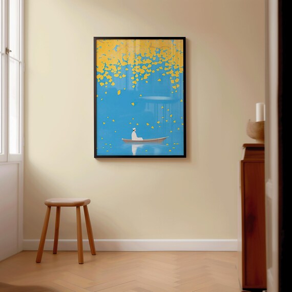 Ginkgo Leaves Boat Print Minimalist Man In Art Blue And Yellow Peaceful Nature Wall Decor Beneath The Sky