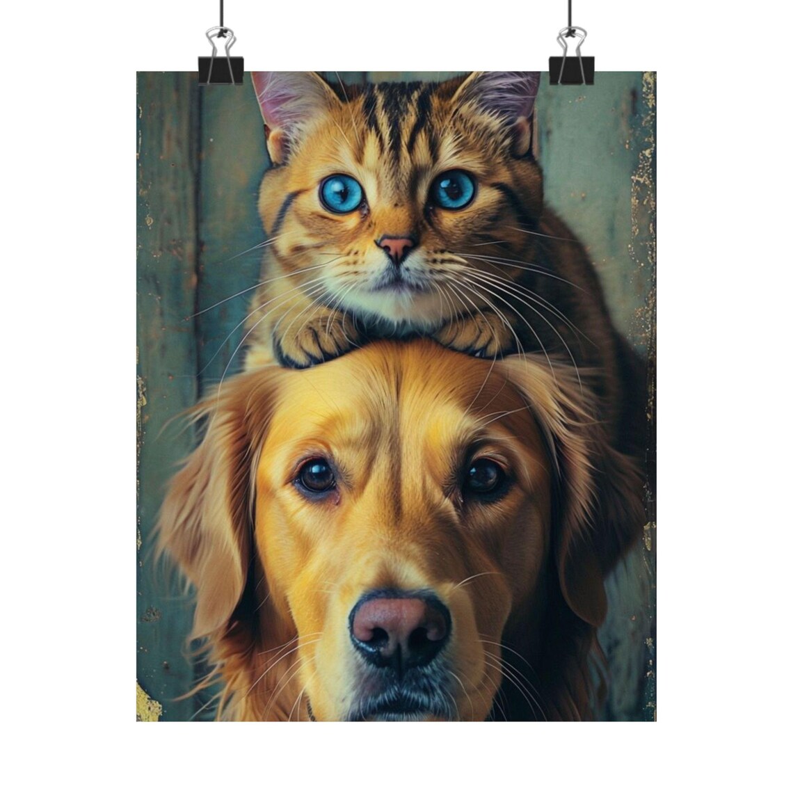 Golden Retriever With Blue-Eyed Tabby Cat Cuddling Portrait Poster