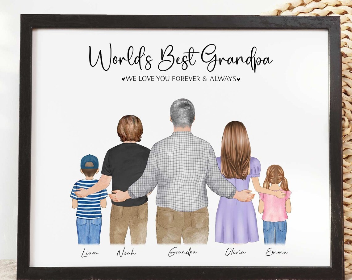 World's Best Grandpa With Grandkids Watercolor Portrait Gift Poster