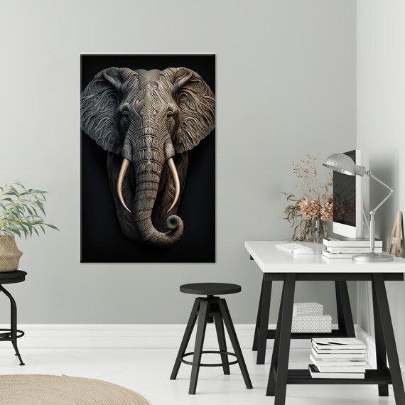 Majestic Elephant Head in Tribal Detailed Style Art on Black Poster