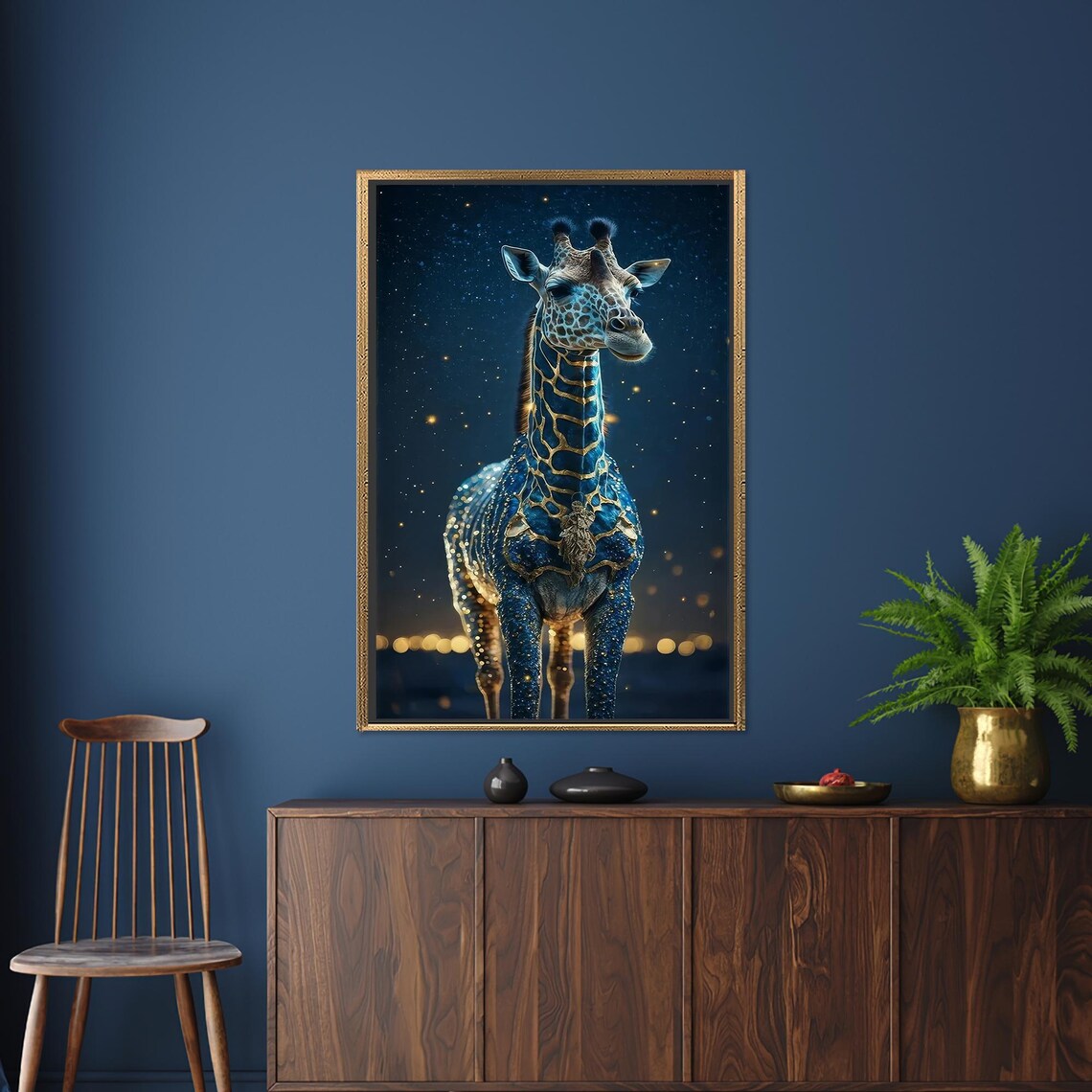 Blue and Gold Giraffe Standing Beneath a Starry Night Sky Poster - Image 2