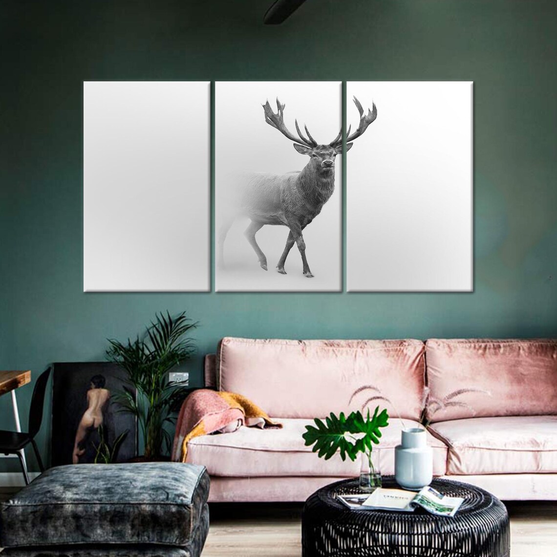Stag with Grand Antlers Stepping Out of Thick White Fog Poster - Image 4