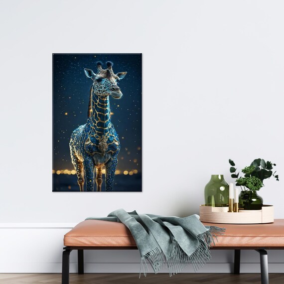 Blue and Gold Giraffe Standing Beneath a Starry Night Sky Poster