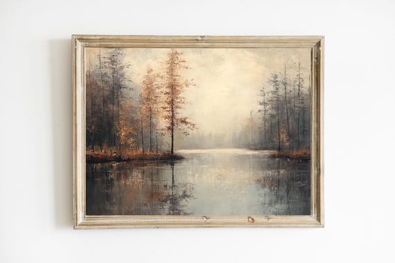 Autumn Landscape Moody Fall Print Dark Decor Vintage Wall Farmhouse Oil E584