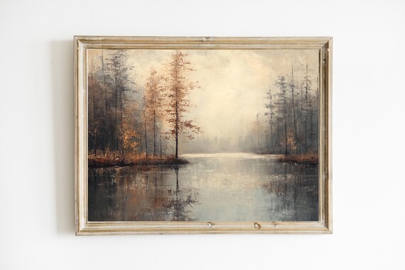 Misty Autumn Forest Lake Reflection Vintage Oil Painting Art Poster