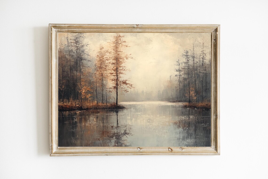 Misty Autumn Forest Lake Reflection Vintage Oil Painting Art Poster