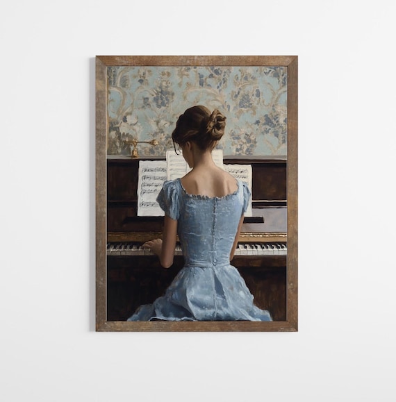 Woman Playing Piano Vintage Oil Painting Blue Dress Classic Art Poster