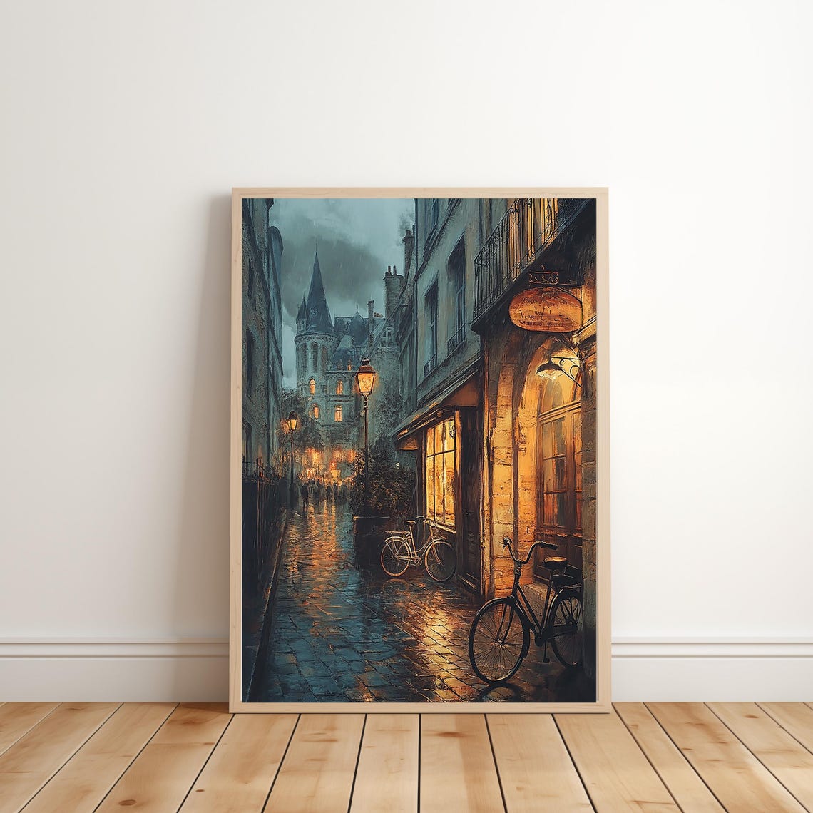 Rainy Parisian Night Street Scene Rain Vintage Style Art Print