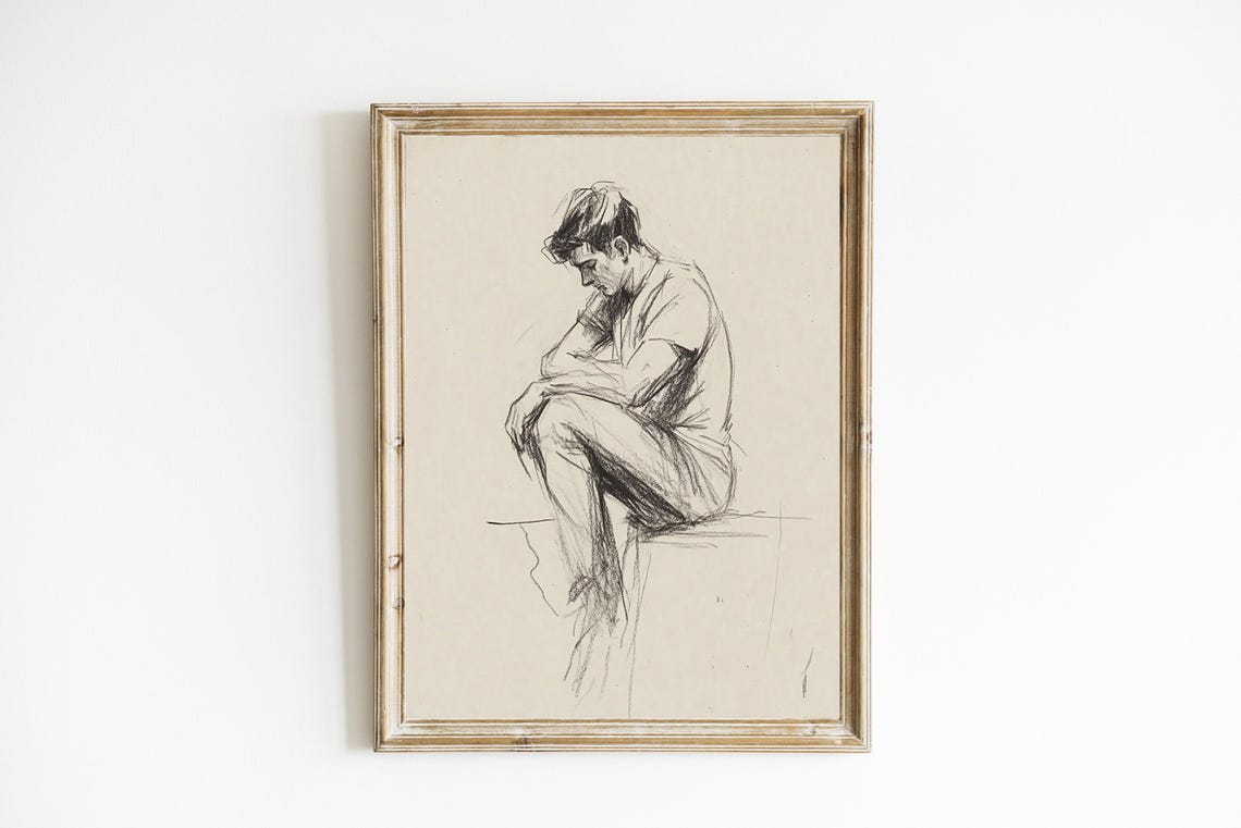 Vintage Charcoal Sketch of Seated Man Figure Drawing Study Print