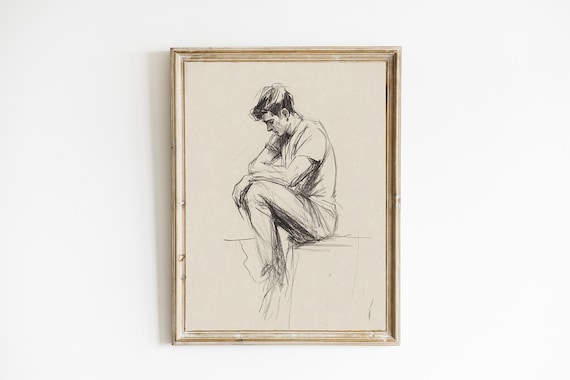 Vintage Charcoal Sketch of Seated Man Figure Drawing Study Print