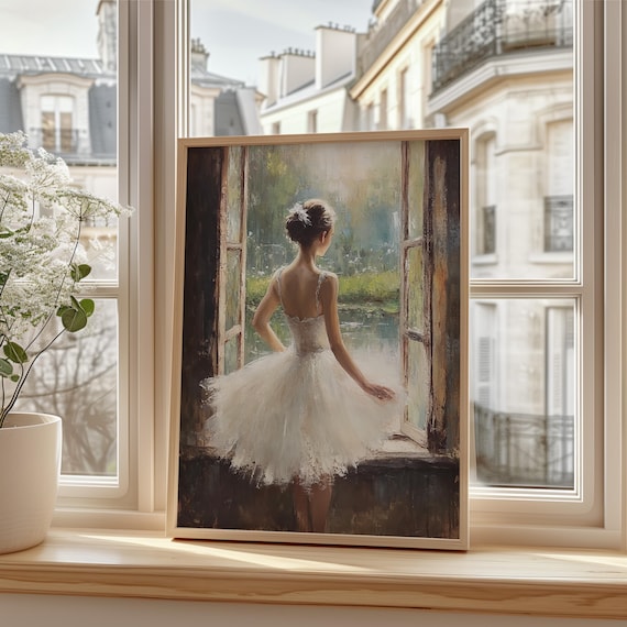 Elegant Ballerina at the Window White Tutu Vintage Art Poster