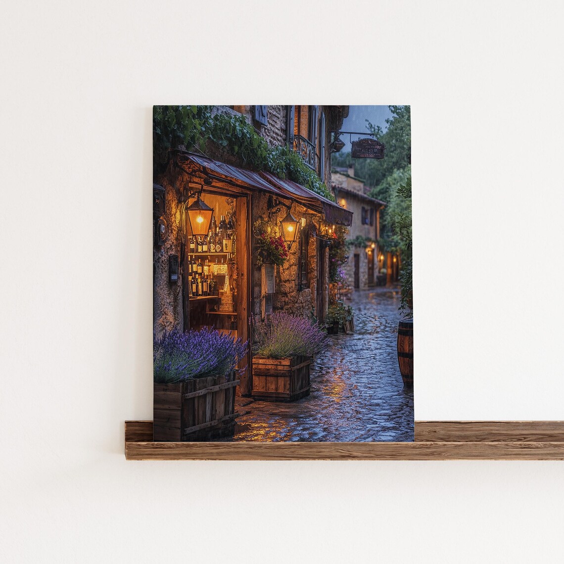 Evening French Wine Shop Cobblestone Street Lane Vintage Art Print