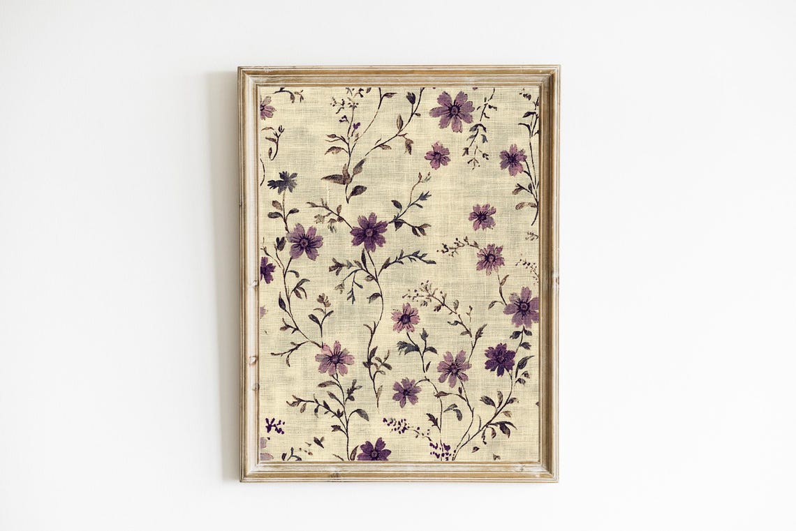 Purple Floral Tapestry Vintage Botanical Textile Linen Wall Art