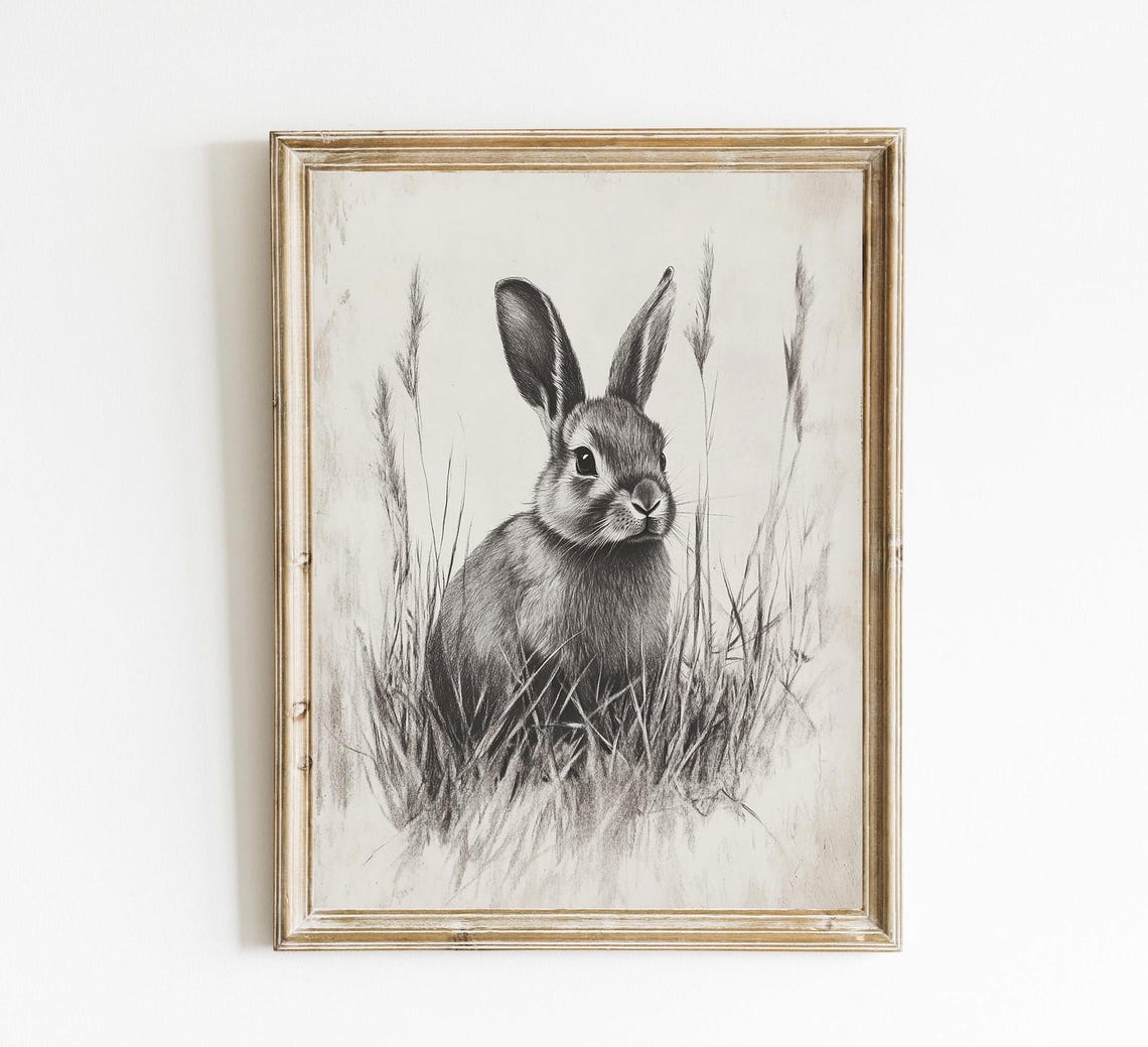 Vintage Spring Rabbit Sketch Wildflower Grass Rustic Art Poster