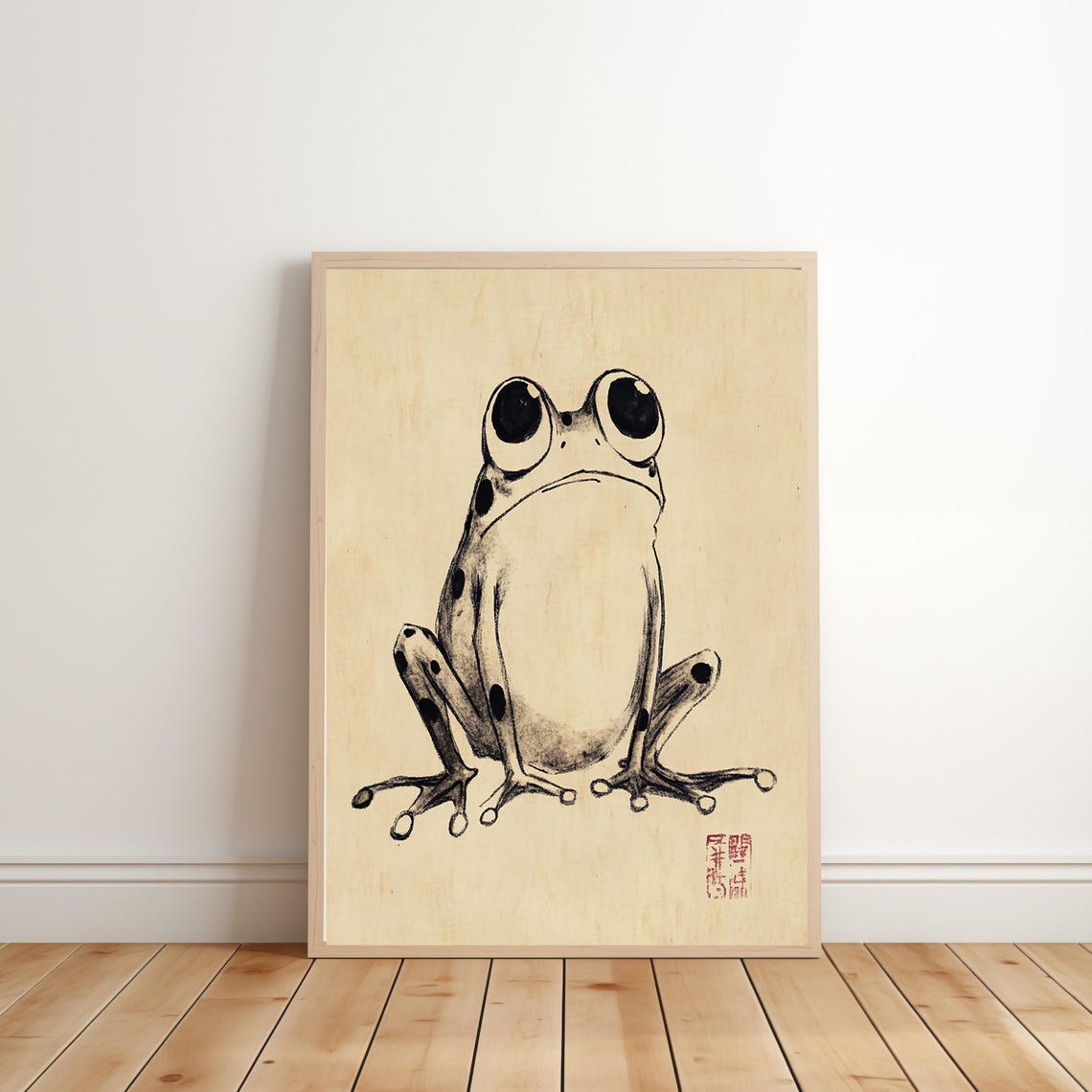 Green Tree Frog on Blue Japanese Woodblock Vintage Animal Print