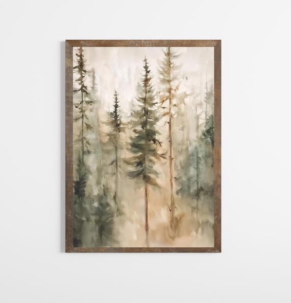 Vintage Pine Forest Watercolor Art Print, Rustic Decor