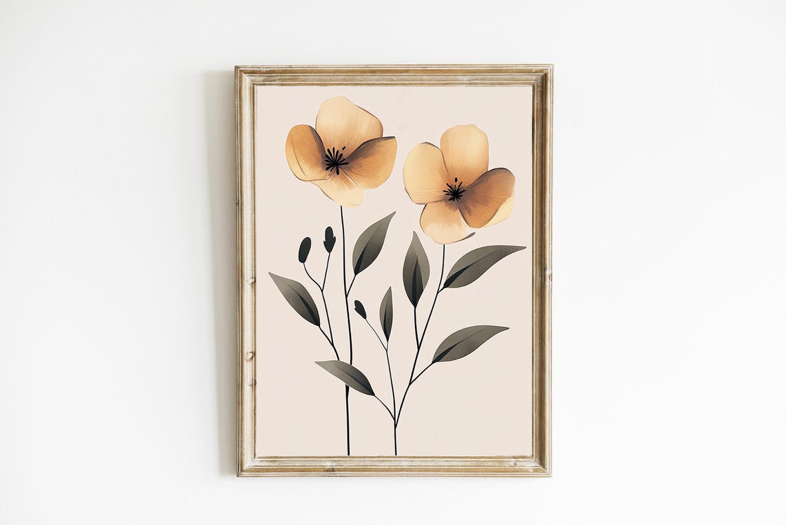 Golden Yellow Minimal Floral Botanical Poster with Gray Leaves