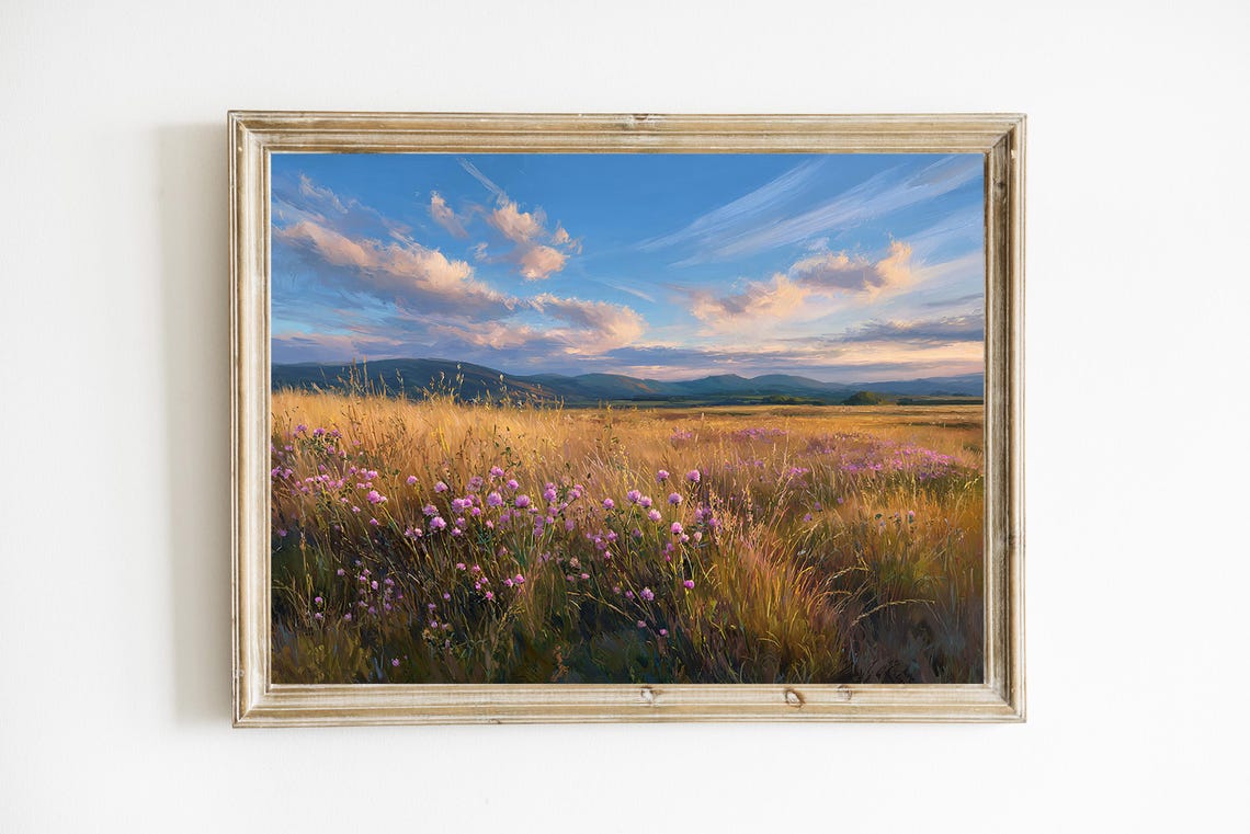 Golden Grassland Warm Sunset Pink Wildflowers Prairie Art Poster