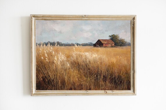 Autumn Wheat Field and Red Barn Moody Vintage Oil Painting Print