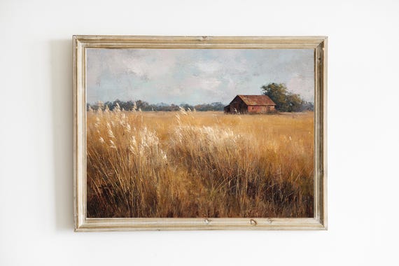 Fall Barn Landscape Moody Print Dark Autumn Decor Rustic Wall Farmhouse Oil E1099
