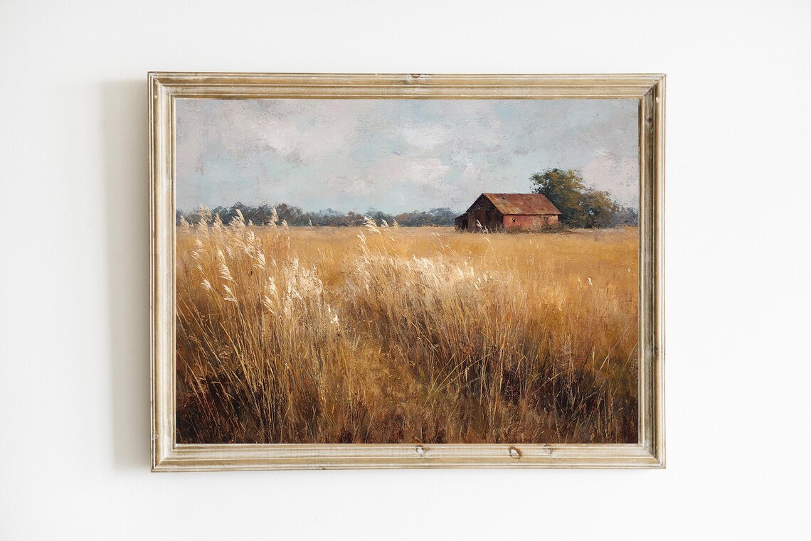 Autumn Wheat Field and Red Barn Moody Vintage Oil Painting Print