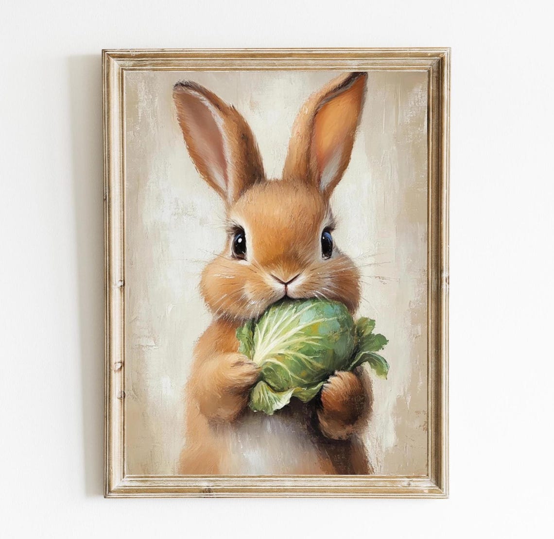 Cute Bunny Holding Cabbage Spring Nursery Neutral Art Poster