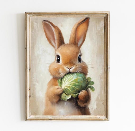 Cute Spring Bunny With Cabbage Nursery Wall Art Neutral Print Decor Easter Farmhouse E480
