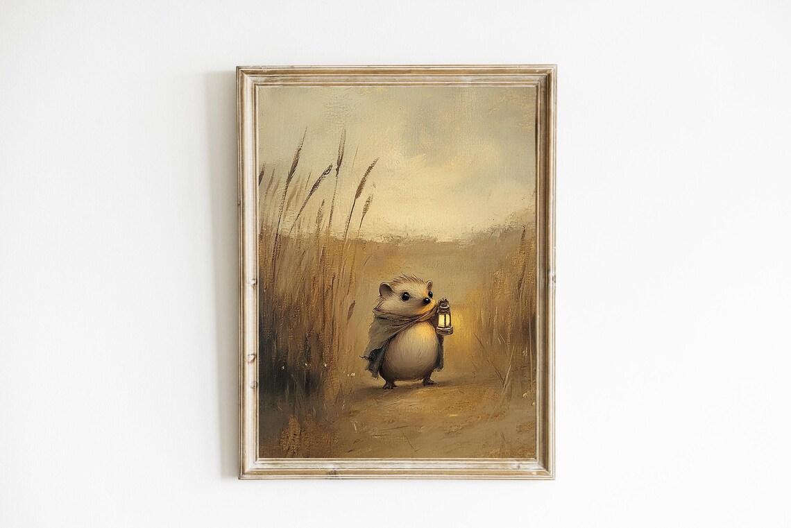 Charming Hedgehog Print Whimsical Nursery Wall Art Vintage Nature Natural Decor E941