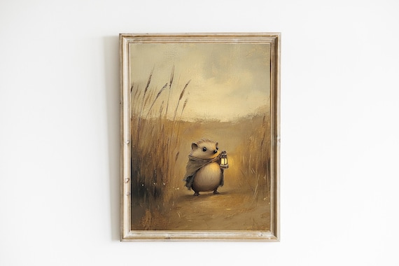 Cute Hedgehog With Lantern In Field Whimsical Nursery Poster