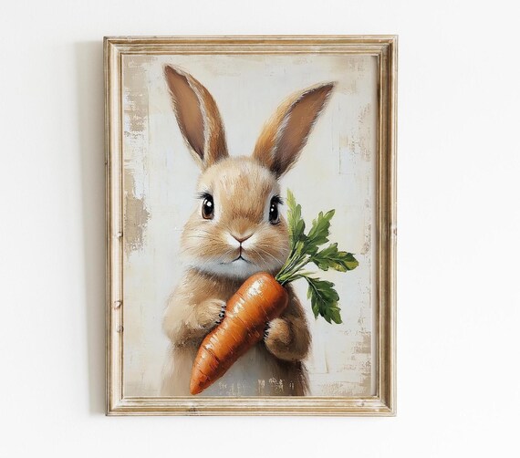 Sweet Baby Bunny Holding Carrot Neutral Nursery Decorative Art Poster
