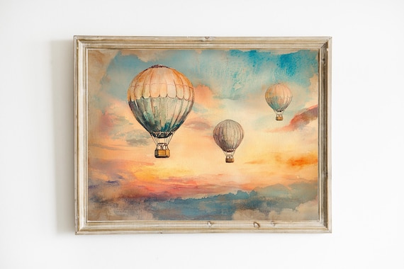 Vintage Hot Air Balloons Drifting Through a Pastel Sunset Print