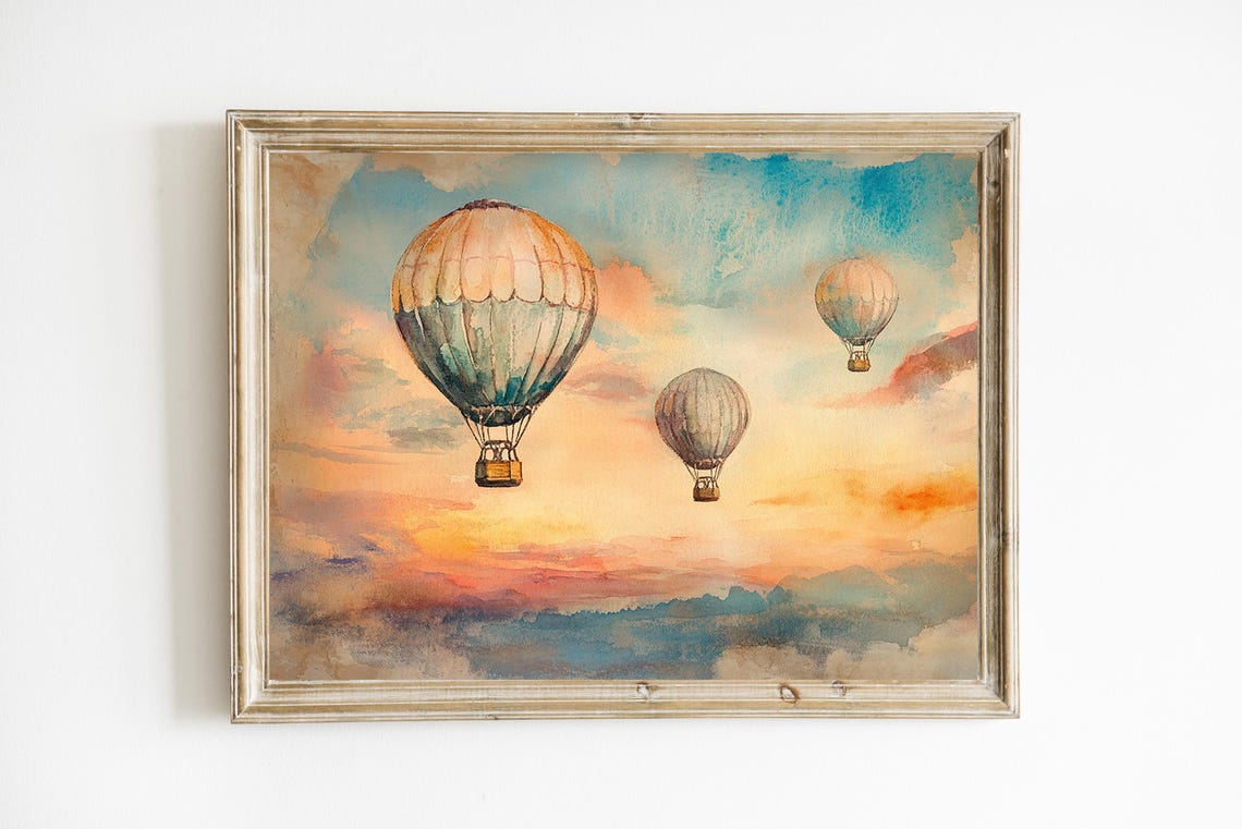 Vintage Hot Air Balloons Drifting Through a Pastel Sunset Print