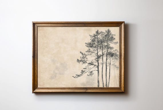 Rustic Tree Sketch Antique Forest Wall Art Neutral Vintage Minimalist E761