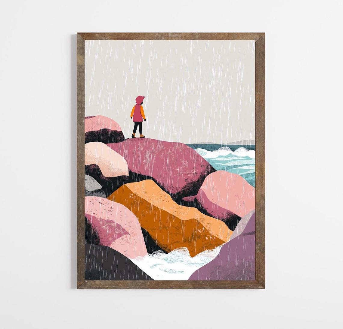 Modern Coastal Rocks Figure Rain Abstract Illustration Beach Wall Art