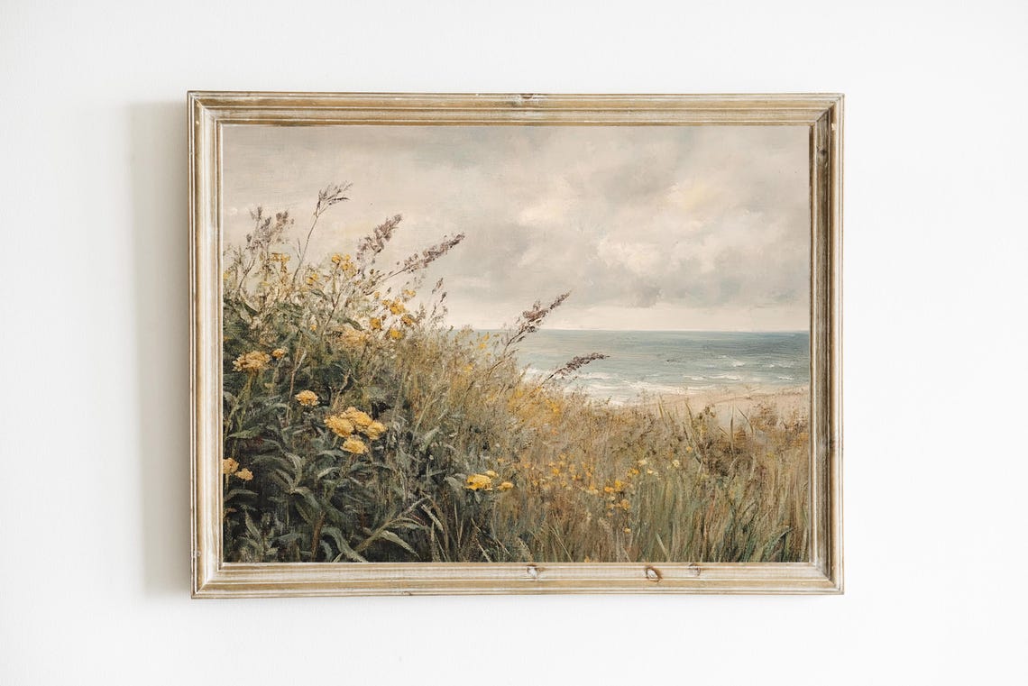 Muted Seaside Wildflower Dune Landscape Vintage Oil Painting Poster