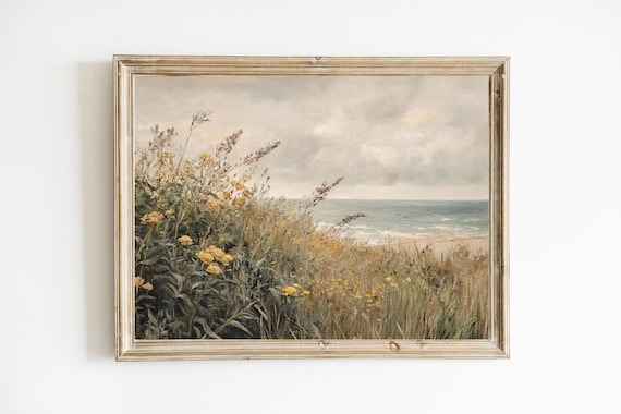 Muted Seaside Wildflower Dune Landscape Vintage Oil Painting Poster