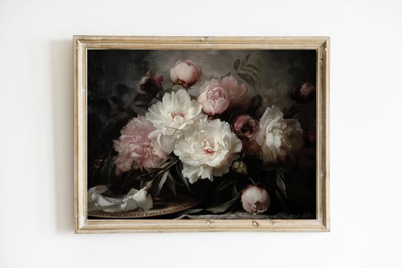 Dark Floral Still Life Painting, Rustic Botanical Art Print