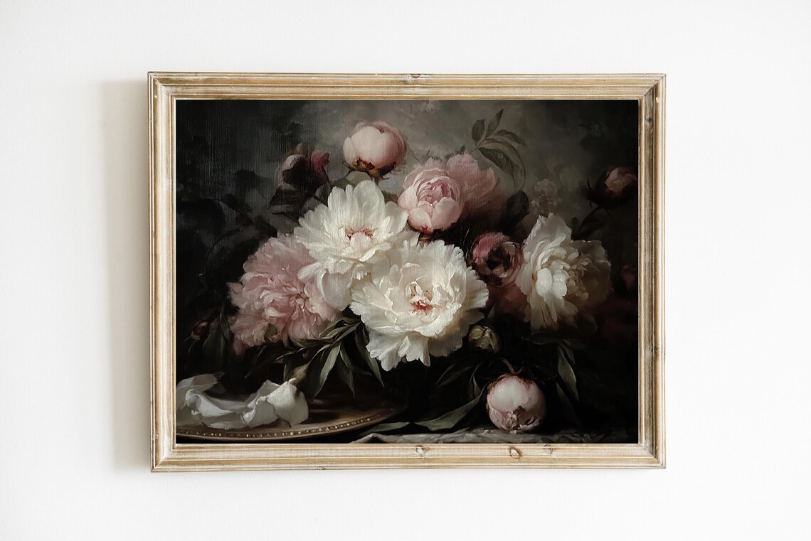 Dark Floral Still Life Painting, Rustic Botanical Art Print