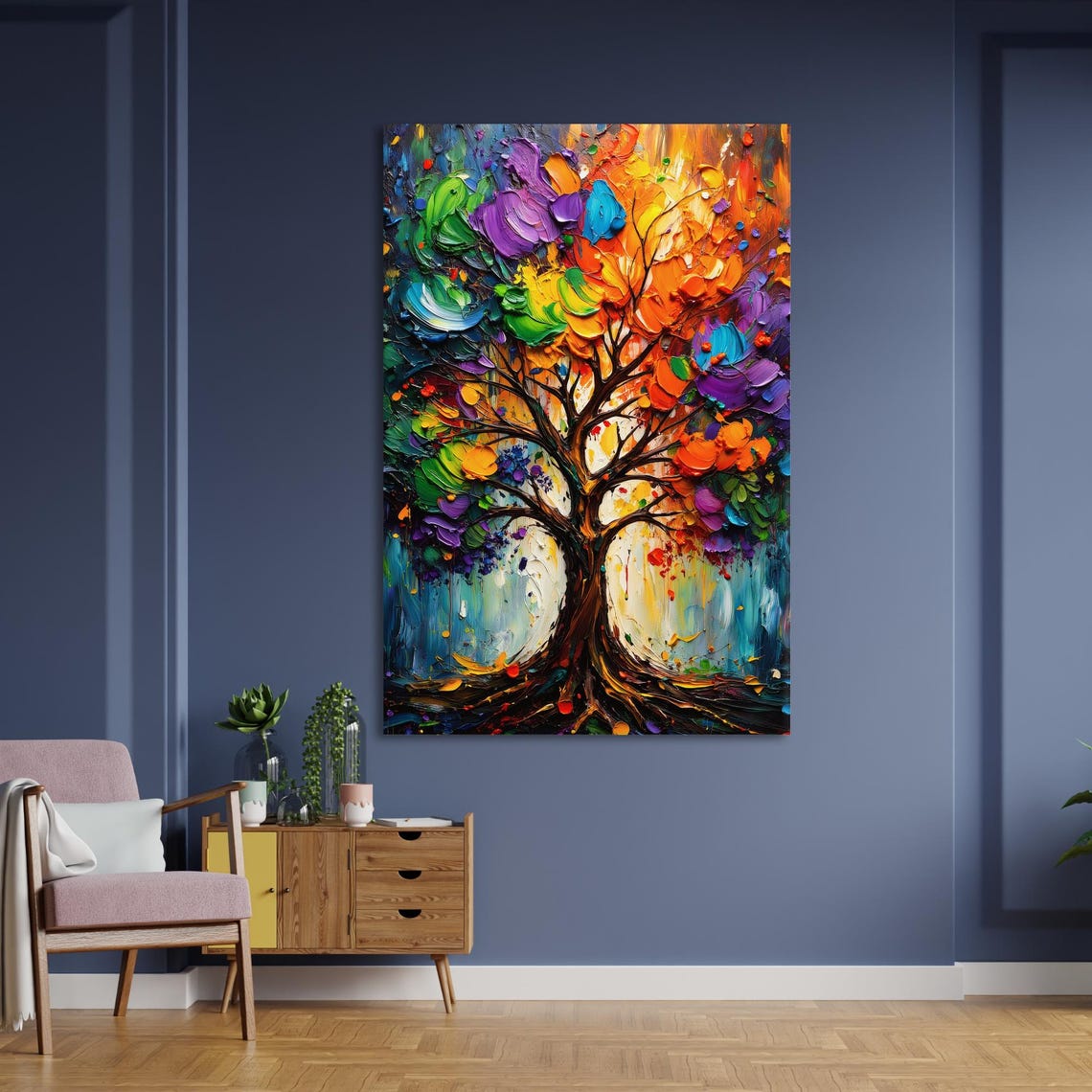 Vibrant Tree Of Life Print Textured Rainbow Colour Art For Home Decor - Image 3