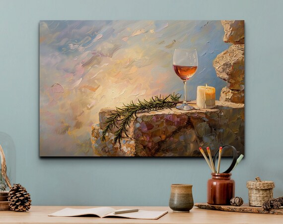 Wine Glass Candle and Rosemary Still Life Oil Painting Poster