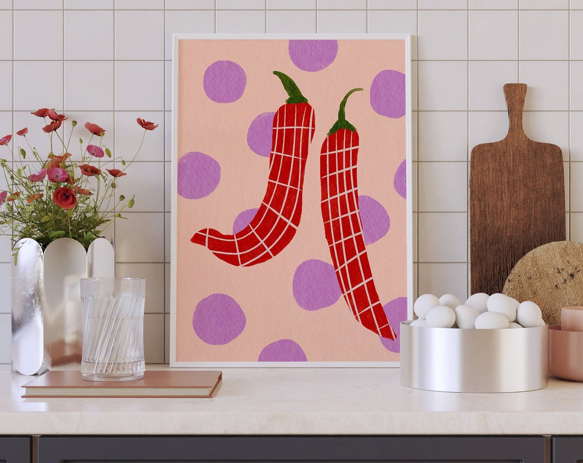 Red Chili Peppers Kitchen Poster Colorful Retro Spicy Food Decor