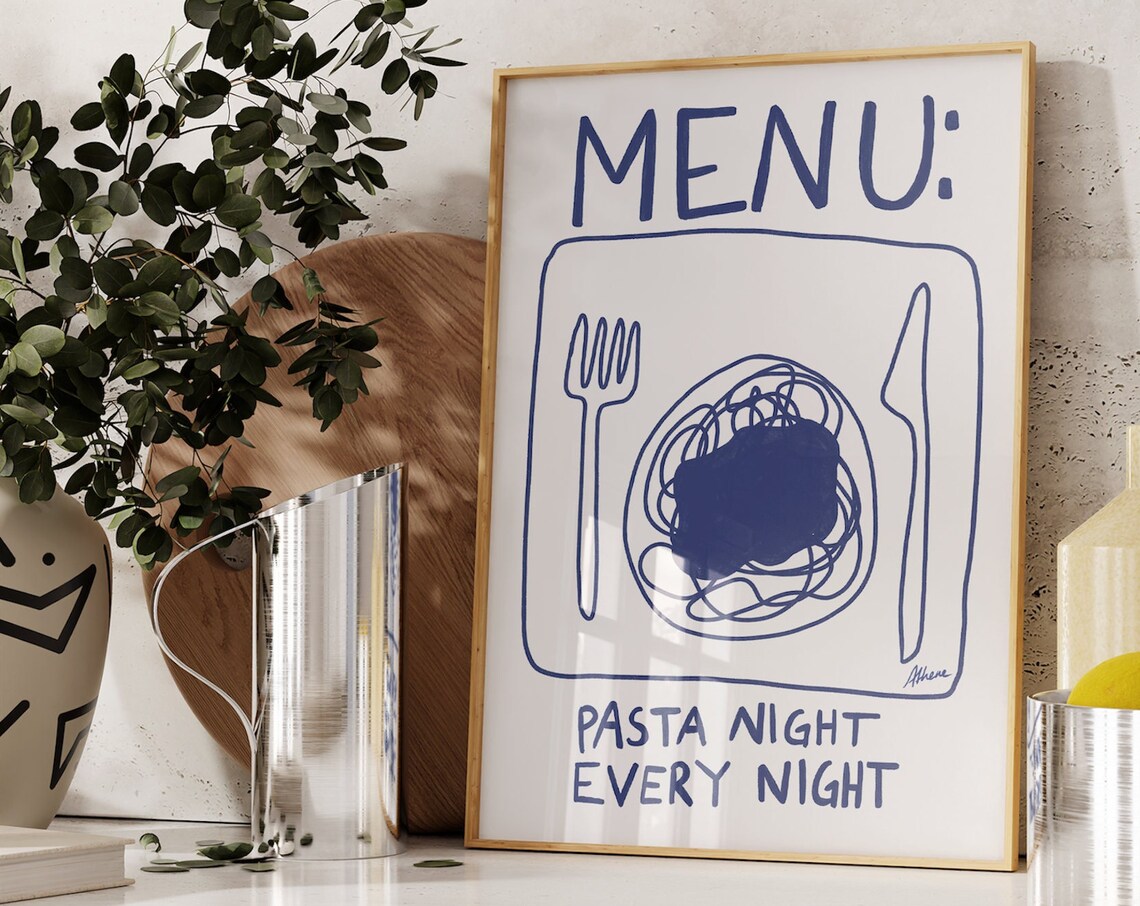 Pasta Night Menu Illustration Poster Wall Art Mid Century Spaghetti Print Trendy Kitchen Prints Modern